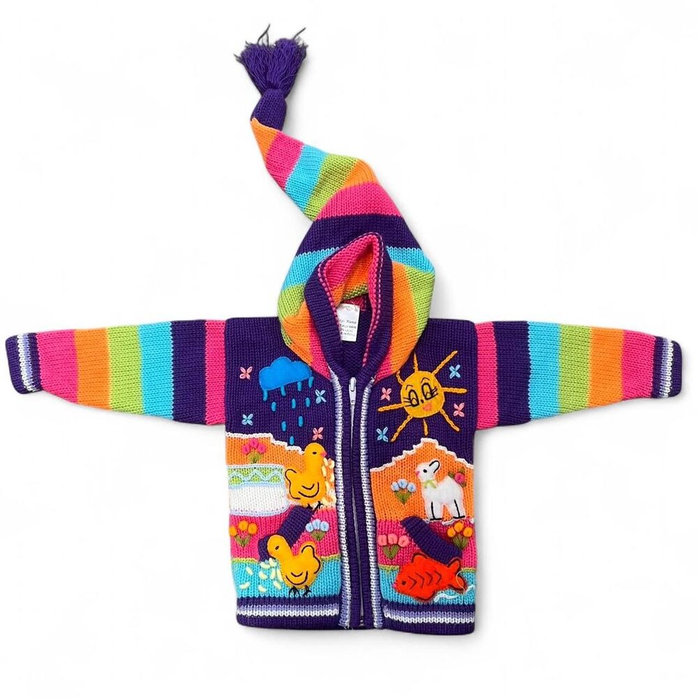 Peruvian Colorful Folk Novelty Hooded Knit Cardigan Sweater C22